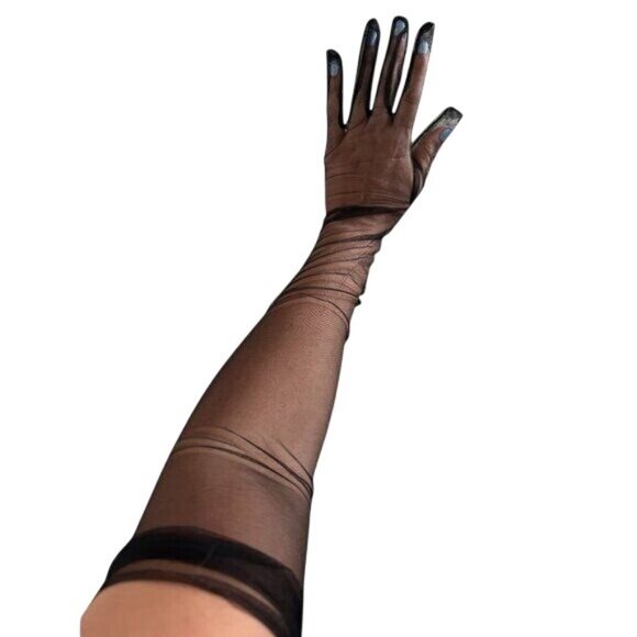 BLACK Mesh Long Opera Ruched Over The Elbow Gloves NEW - Picture 3 of 6